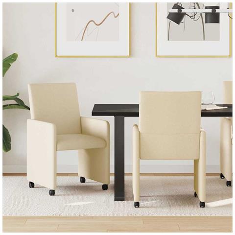 Sedie da Pranzo con Ruote 2 pcs Crema 57 x 66 x 94 cm Tessuto - Foto 2