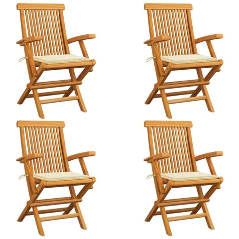 Sedie da Giardino con Cuscini Crema 4 pz Massello di Teak - Foto 1