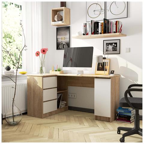 Scrivania ad angolo B20 sinistro, 1 anta e 3 cassetti, 155x85x77 cm, Colore Sonoma Quercia e Bianco - Foto 7