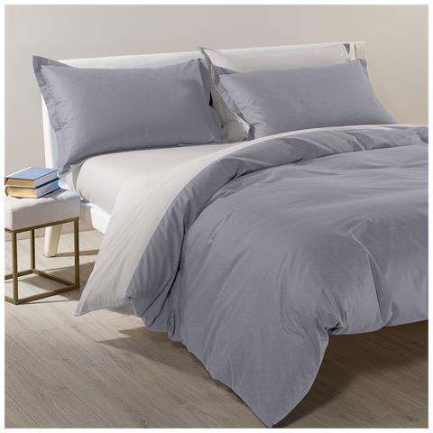 Completo Copripiumino Bicolor In Cotone Colore Grigio Misura Matrimoniale - Foto 1