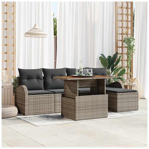 Set da Pranzo da Giardino in 6 Pezzi con Cuscini Grigio Rattan Poliolefine Acacia - Foto 2