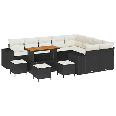 Set di divano da giardino  13 pezzi con cuscini in rattan nero e acacia, Set da pranzo da giardino  4 pezzi con cuscini in rattan nero e acacia - Foto 1