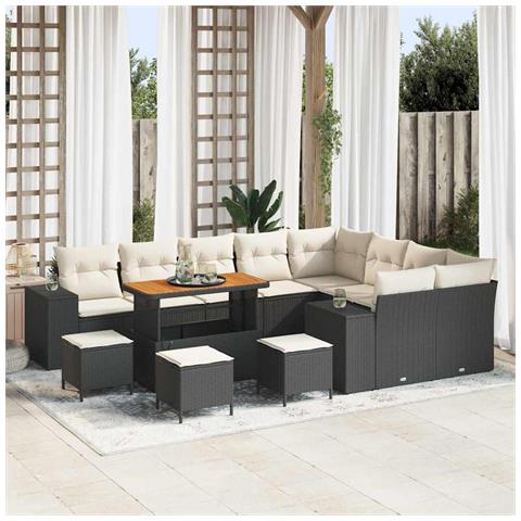 Set di divano da giardino  13 pezzi con cuscini in rattan nero e acacia, Set da pranzo da giardino  4 pezzi con cuscini in rattan nero e acacia - Foto 2