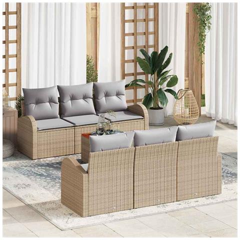 Set Divani Giardino  7 Pezzi con Cuscini Beige Rattan Polipropilene Acacia, Divano Giardino  2 Posti con Storage e Cuscini Beige Rattan Polipropilene - Foto 2