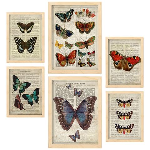 Set Di 6 Stampe Poster In Stile Cartaceo Vintage Con Farfalle E Sfondi Enciclopedici, Farfalle Colorate A3 & A4 Telaio In Legno Chiaro - Foto 1