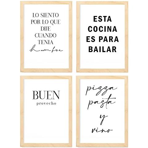 Set Di 4 Stampe Poster Tipografici ""cucina"" Degli Interni Immagini Con Frasi Ispirate E Positive Decorazione Della Stanza Telaio In Legno Chiaro A4 - Foto 1