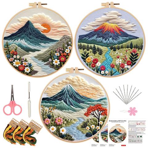 Kit Per Ricamo A Mano Fai Da Te - 3 Set Con Motivi Floreali Montani, Cerchio Da Ricamo E Utensili - Foto 1