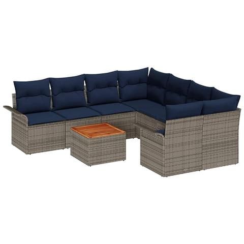 Set Divano da Giardino 9 pcs Grigio e Blu Navy polyrattan - Foto 1