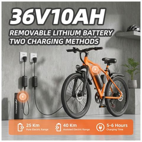 250W Elettrica, Mountain Bike da 26 pollici con batteria al litio rimovibile da 36V 10Ah, velocità massima 25km /h, autonomia 75km, trasmissione a 7 marce - Foto 7