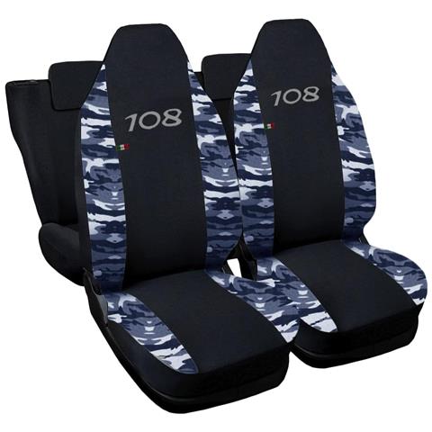 Coprisedili Auto Compatibili Per 108, Made In Italy, Set Di Copri Sedili Anteriori E Posteriori Con Copri Poggiatesta Incluso, Tessuto Poliestere, Colore - Nero \mimetico Blu - Foto 1