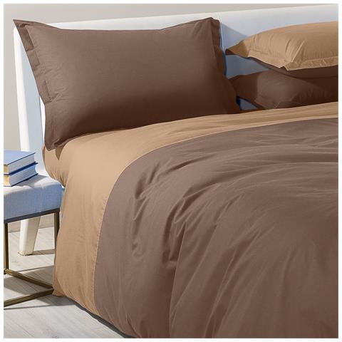 Completo Copripiumino Bicolor In Cotone Colore Marrone Misura Piazza E Mezza - Foto 2