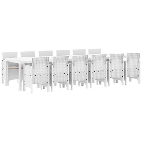 Set da Pranzo da Giardino  13 Pezzi con Cuscini Bianco Rattan Polimerico, Tavolo da Giardino  Bianco 200x100x73 cm Rattan Polimerico, Tavolo da Giardino  Bianco 150x100x73 cm Rattan Polimerico, Sedie da Giardino  con Cuscini 4 pz Bianco Rattan Polimerico - Foto 1