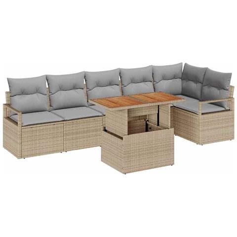 Set Divani Giardino  7 pezzi con cuscini Beige Rattan Sintetico Acacia, Divano Giardino 2 posti  con cuscini Beige Rattan Sintetico - Foto 1