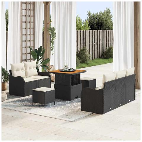 Set Divano da Giardino  da 8 Pezzi con Cuscini Nero Polyrattan Acacia, Divano da Giardino  a 2 Posti con Cuscini Nero Polyrattan, Set da Pranzo da Giardino a 3 Pezzi con Cuscini Nero Polyrattan Acacia - Foto 2
