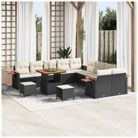Set Divano da Giardino da 13 Pezzi con Cuscini in Rattan Polyrattan Acacia Nero,  Set da Pranzo da Giardino da 3 Pezzi con Cuscini in Rattan Polyrattan Acacia Nero - Foto 2