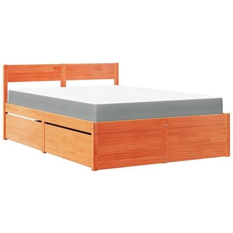 Letto Cassetti e Materasso Marrone Cera 120x200cm Massello Pino - Foto 1