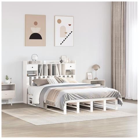 Letto Libreria senza Materasso Bianco 160x200 cm Legno di Pino - Foto 2
