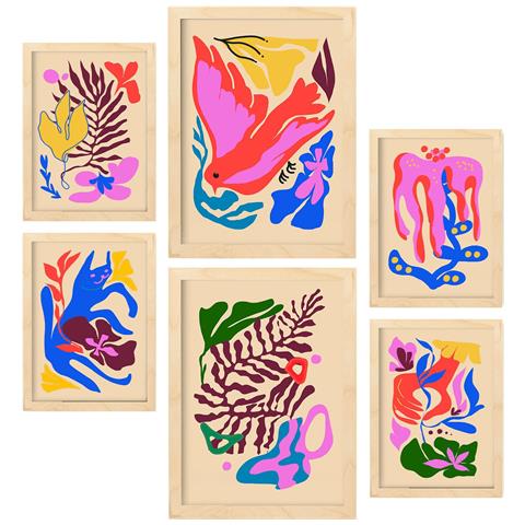 Set Di 6 Stampe Pittoreschi 3 Dipinti Decorativi Astratti Con Fiori Per Il Tuo Soggiorno Di Casa A3 & A4 Telaio In Legno Chiaro - Foto 1