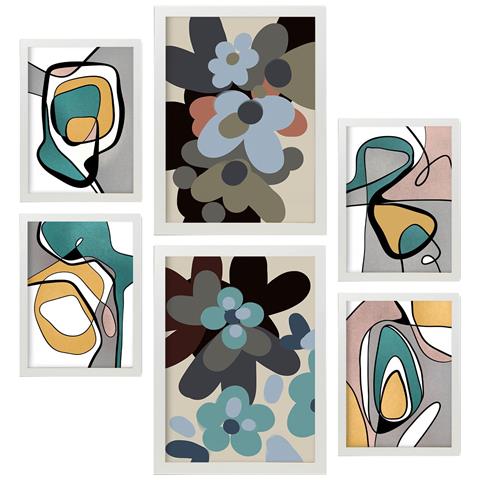 Set Di 6 Stampe Hodgepodge Flower In Flower Dipinti Decorativi Estetici Astratti Per Il Tuo Soggiorno Di Casa A3 & A4 Cornice Bianca - Foto 1