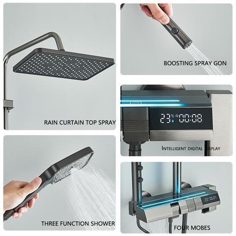 Colonna doccia, Blackswan, tipo M272, modello grigio antracite, 4 vie, termostato, display LCD, doccetta a pressione e bocca mobile nascosta, dimensioni 30 x 20 cm - Foto 2