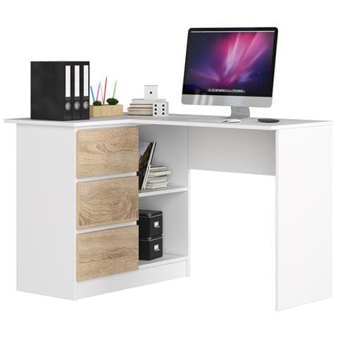 Scrivania ad angolo B16 sinistro, 3 cassetti, 124x85x77 cm, Colore Bianco e Sonoma Quercia - Foto 1