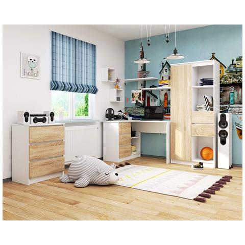 Scrivania ad angolo B16 sinistro, 3 cassetti, 124x85x77 cm, Colore Bianco e Sonoma Quercia - Foto 7