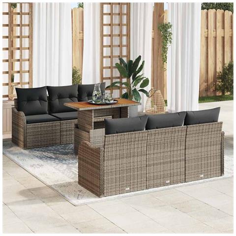 Set di Divani da Giardino  in 7 Pezzi con Cuscini Grigio Polyrattan Acacia, Divano da Giardino  per 2 Persone con Cuscini Grigio Polyrattan - Foto 2