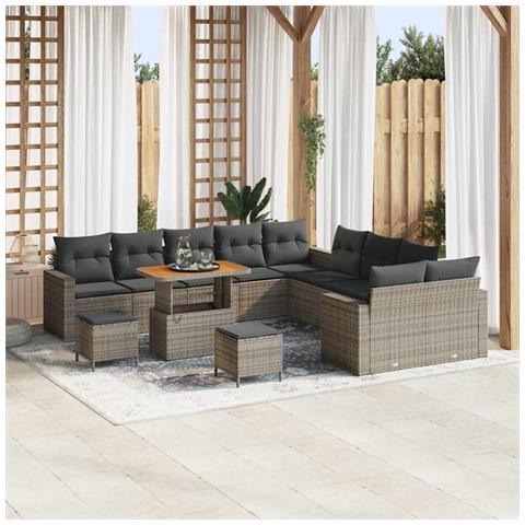 Set divano da giardino da 13 pezzi con cuscini in rattan polyrattan grigio acacia, Set da pranzo da giardino da 3 pezzi con cuscini in rattan polyrattan grigio acacia - Foto 2