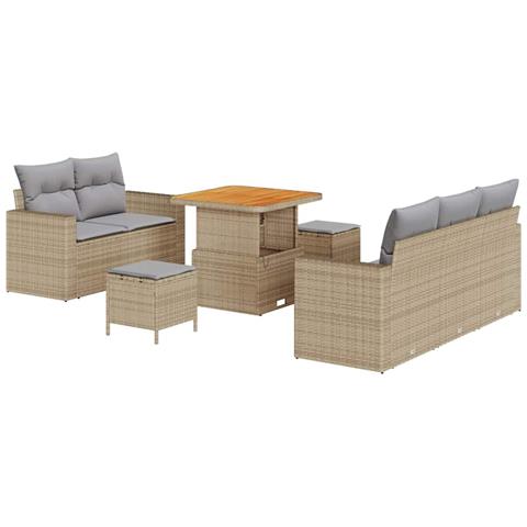 Set Divano Giardino 8 Pezzi con Cuscini Beige Rattan Polietilene Acacia, Set da Pranzo Giardino 3 Pezzi con Cuscini Beige Rattan Polietilene Acacia - Foto 1