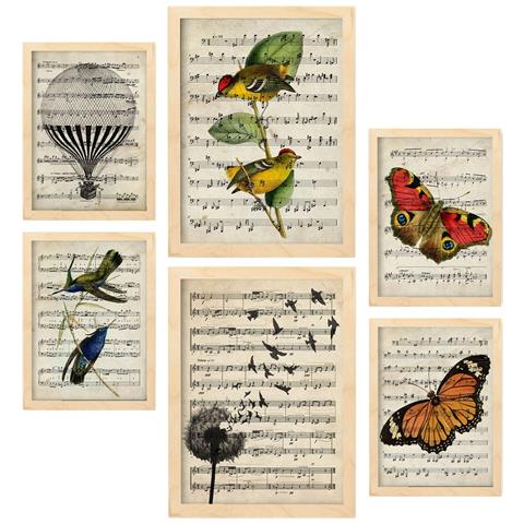 Set Di 6 Stampe Spartiti Musicali In Stile Vintage Con Poster E Sfondi Enciclopedici Natura E Volo, Uccelli E Farfalle A3 & A4 Telaio In Legno Chiaro - Foto 1