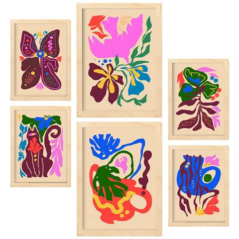 Set Di 6 Stampe Pittoreschi 4 Quadri Decorativi Astratti Con Fiori Per Il Tuo Soggiorno Di Casa A3 & A4 Telaio In Legno Chiaro - Foto 1