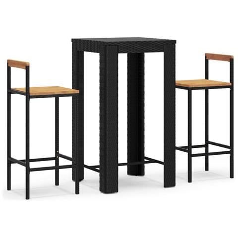 Set Bar Giardino 3 pz Nero Polyrattan e Legno Massello Acacia - Foto 1