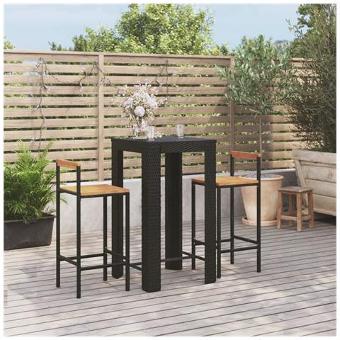 Set Bar Giardino 3 pz Nero Polyrattan e Legno Massello Acacia - Foto 2