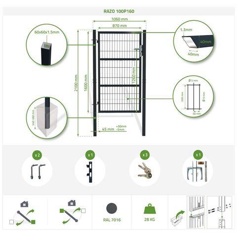 Pacchetto Cancello Battente In Rete Razo 300b160 + Cancello Grigio Da 1 M - Foto 8