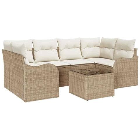 Set di Divani da Giardino in 7 Pezzi con Cuscini in Polyrattan Beige, Divano da Giardino a Due Posti con Cuscini in Polyrattan Beige - Foto 1