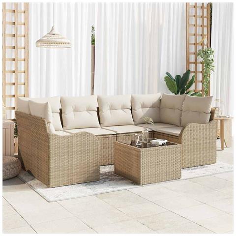Set di Divani da Giardino in 7 Pezzi con Cuscini in Polyrattan Beige, Divano da Giardino a Due Posti con Cuscini in Polyrattan Beige - Foto 2