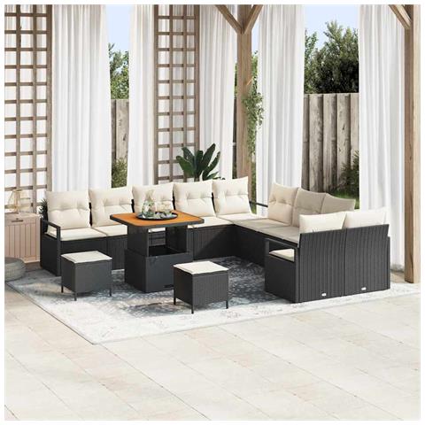 Set di Divano da Giardino  13 Pezzi con Cuscini Nero Polyrattan Acacia, Divano da Giardino a Due Posti  con Cuscini Nero Polyrattan, Set da Pranzo da Giardino di 3 Pezzi con Cuscini Nero Polyrattan Acacia - Foto 2
