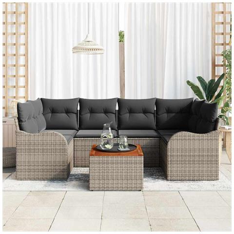 Set divani giardino  7 pezzi con cuscini Grigio Polyrattan Acacia, Divano giardino 2 posti  con cuscini Grigio Polyrattan - Foto 2