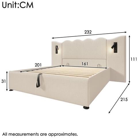 Letto Con Testiera Ondulata In Velluto A Coste E Luce Girevole - Foto 2