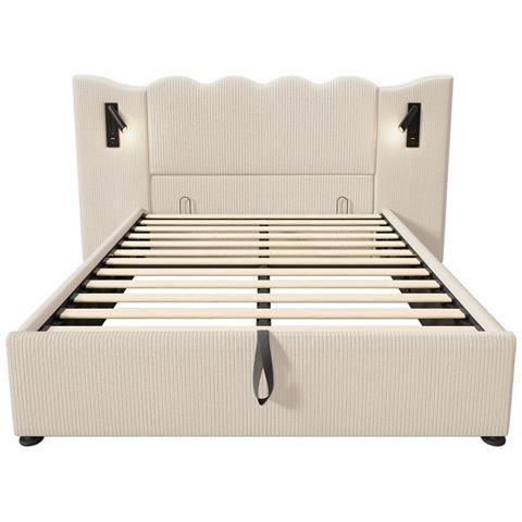 Letto Con Testiera Ondulata In Velluto A Coste E Luce Girevole - Foto 3