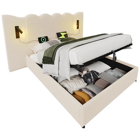 Letto Con Testiera Ondulata In Velluto A Coste E Luce Girevole - Foto 1