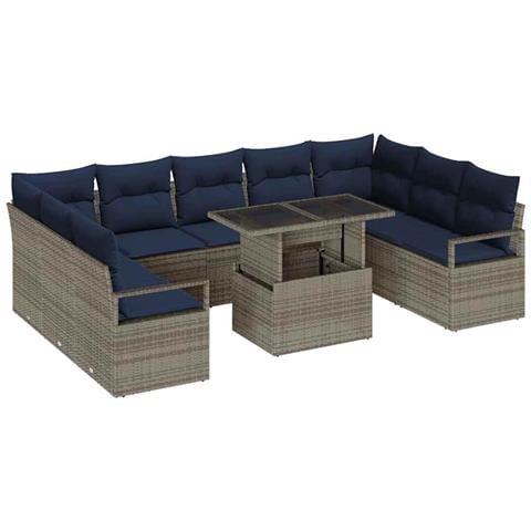 Set Divano da Giardino 10 pcs Grigio e Blu Navy Poly Rattan - Foto 1