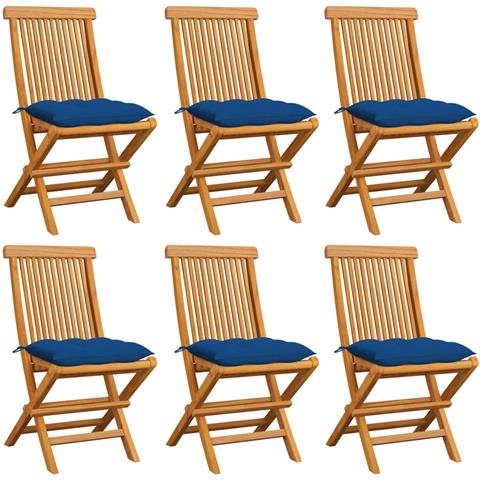 Sedie da Giardino con Cuscini Blu 6 pz in Massello di Teak - Foto 1