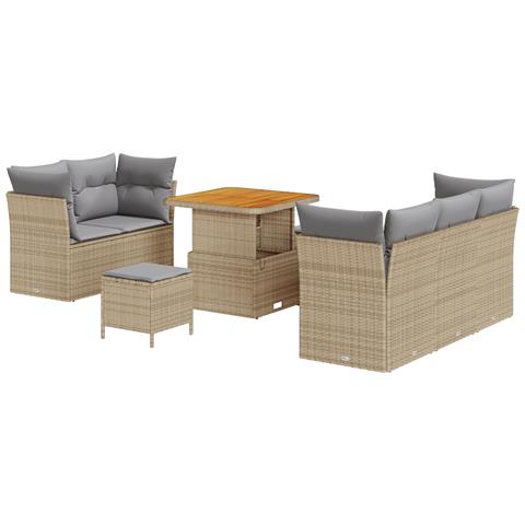 Set di divani da giardino in 8 pezzi con cuscini beige polyrattan acacia, Set di tavoli da giardino in 3 pezzi con cuscini beige polyrattan acacia - Foto 1