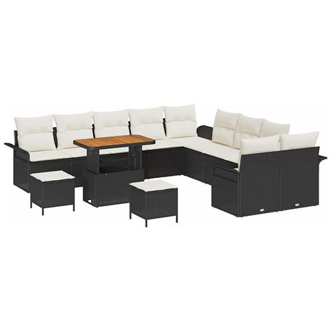 Set Divano da Giardino da 13 Pezzi con Cuscini Nero Polirattan Acacia, Divano da Giardino per 2 Persone con Cuscini Nero Polirattan, Set di 3 Pezzi per Pranzo in Giardino con Cuscini Nero Polirattan Acacia - Foto 1