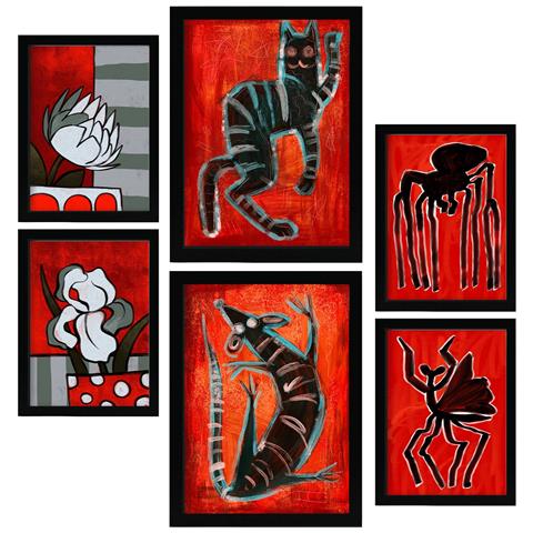 Set Di 6 Stampe Creatures Frames 1 In Animali Astratti Dipinti Decorativi Estetici Per Il Tuo Soggiorno Camera Da Letto Casa A3 & A4 Cornice Nera - Foto 1