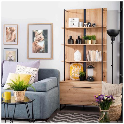 Mobile Da Ingresso Soggiorno In Legno E Metallo 4 Ripiani E Cassetto Doppio Scomparto Con Anta A Ribalta Linea Industrial - Foto 4