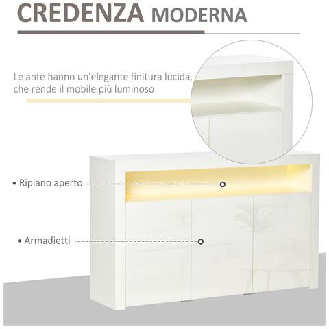 Credenza Moderna 3 Ante con Luci LED Colorate e Telecomando in Legno, 155x40x92cm - Bianco - Foto 2