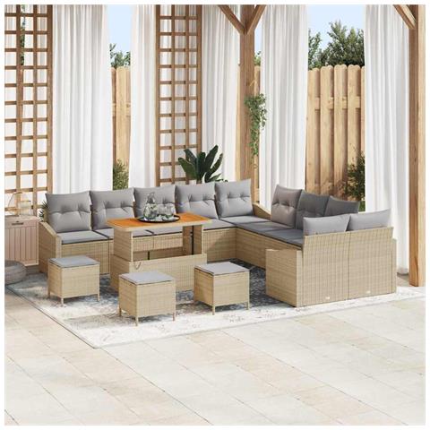 Set di Divano da Giardino  14 Pezzi con Cuscini Beige Rattan Sintetico Acacia, Divano da Giardino  a 2 Posti con Cuscini Beige Rattan Sintetico, Set da Pranzo da Giardino  4 Pezzi con Cuscini Beige Rattan Sintetico Acacia - Foto 2