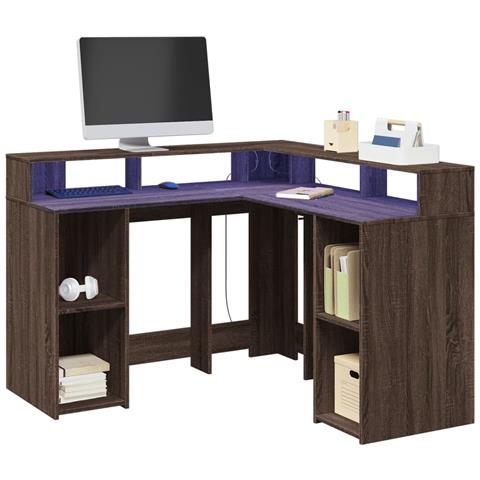 Scrivania con Luci LED Marrone Rovere 130x130x91 cm Truciolato - Foto 2